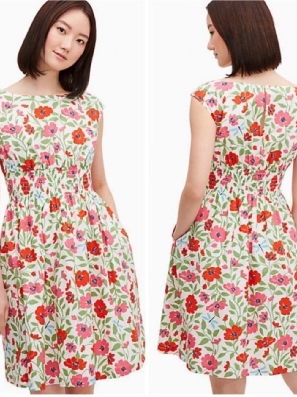 Kate Spade Floral Cotton Dress in White with Pink & Red Blooms
